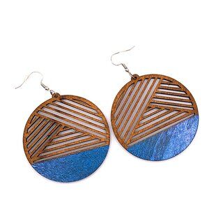 Lightweight Laser-Cut Wood Blue Painted Geometric Circle Dangle Earrings